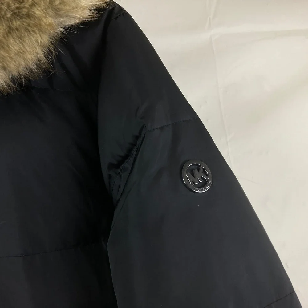 Michael Kors Down Puffer Coat‎ Sz L Black Faux Fur Hooded Parka Quilted Long